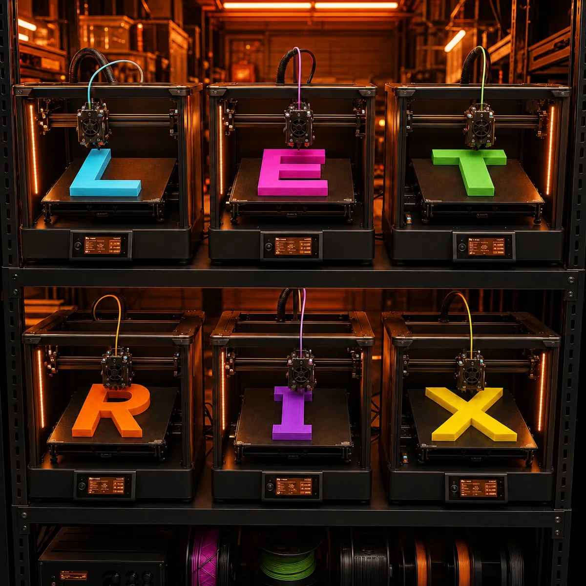 Impressoras 3D imprimindo as letras L E T R I X em cores vibrantes